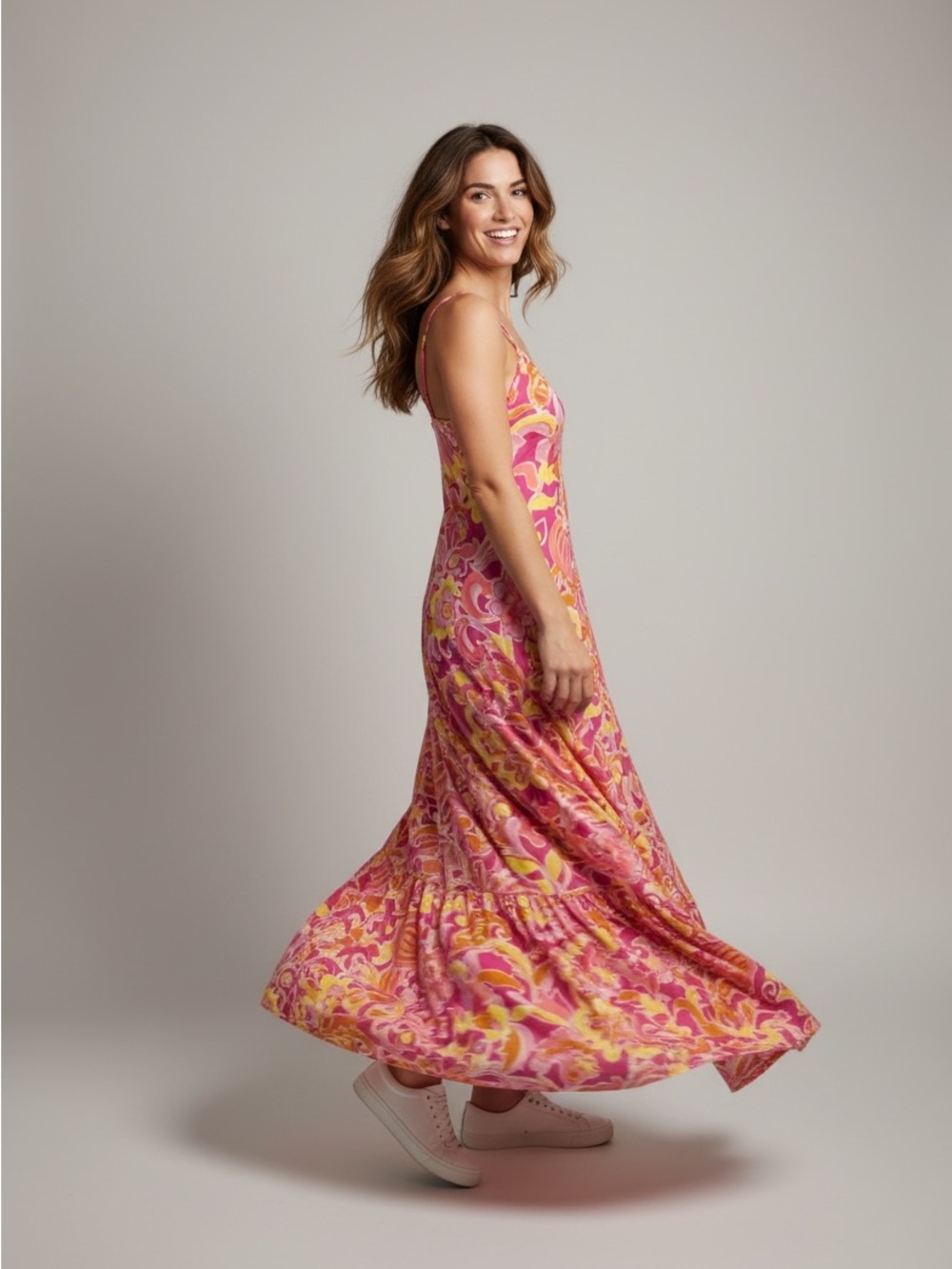 J. CREW Women's 100% Silk Floral Maxi Dress Fuschia Yellow Scoop Neck Size 00